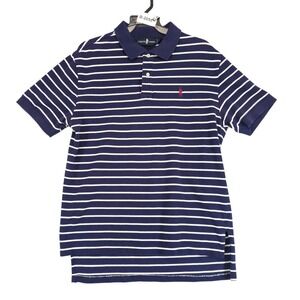 T. Harris of London Navy Striped Golf Polo Shirt Mens M Logo Pique Cotton Preppy